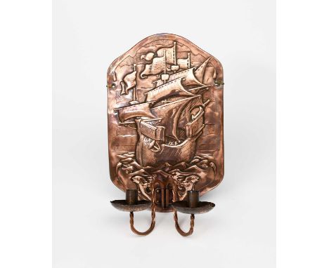 A large Newlyn Industrial Classes patinated copper double wall sconce, the shaped rectangular back plate hammered in low reli