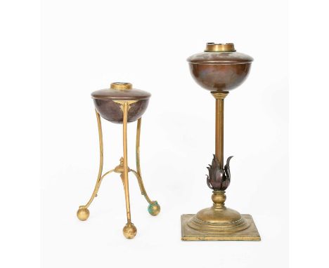 A WAS Benson copper and brass oil lamp base, on brass tripod base with claw and ball feet, supporting copper reservoir, and a