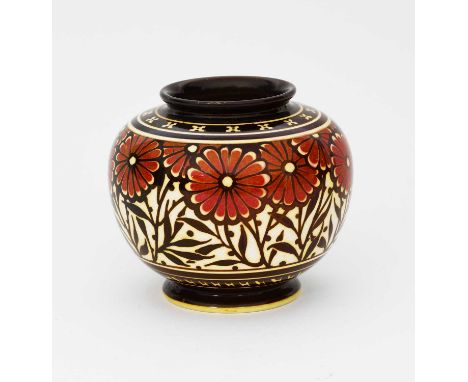 A Pilkington's Lancastrian Pottery vase by William S Mycock, dated 1907, ovoid, painted with a band of stylised flowers in re