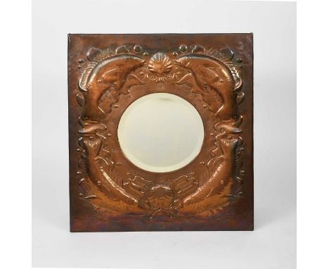 A Newlyn Industrial Classes copper wall mirror, square section, hammered in low relief with large scaly fish and scallop shel