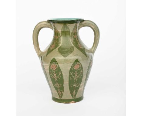 A Della Robbia Pottery twin-handled vase by John Fogo,  painted with green leaves on a celadon ground, incised with simple fl