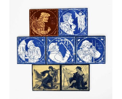 Four Mintons tiles, each printed in blue on a white ground with the depiction of Terror, Greed, Rage and Affection, another f