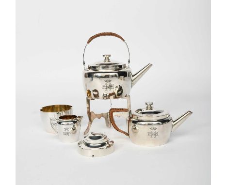 A Hukin and Heath electroplated metal Picnic tea set designed by Dr Christopher Dresser, model no.2109, comprising; teapot an