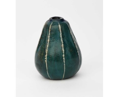 A Martin Brothers stoneware miniature gourd vase by Edwin and Walter Martin, ovoid with tapering neck, ribbed form, covered i