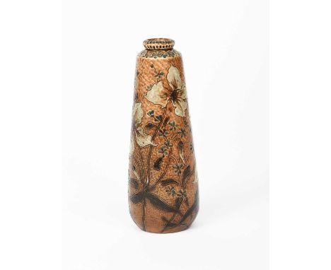 A Martin Brothers stoneware vase, tapering cylindrical form with collar rim, incised and painted with flowers and foliage in 
