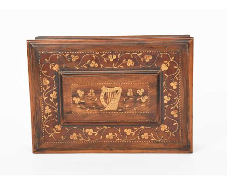 A Killarney ware fitted box, tapering rectangular form with hinged cover, the cover decorated with a harp inside shamrock lea