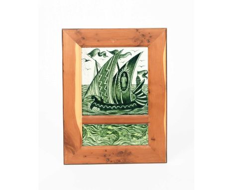 A William De Morgan Sands End Pottery Galleon tile, painted with a ship at sail on calm water, in green on a white ground, ab