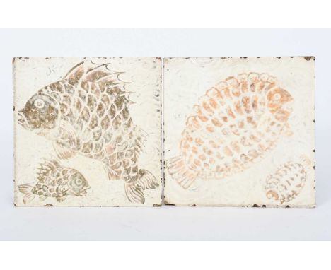 A tile of a flat fish probably William De Morgan, painted with two flat fish in red on a white ground painted with scrolling,