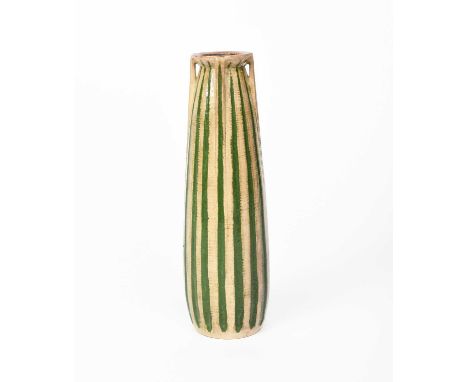 A Martin Brothers stoneware gourd vase by Edwin and Walter Martin, dated 1908, tall, shouldered form with four pierced handle