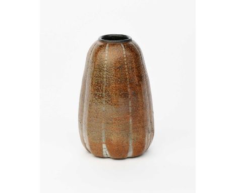 A Martin Brothers stoneware gourd vase by Edwin and Walter Martin, dated 1908, tapering, ribbed cylindrical form, glazed tan 