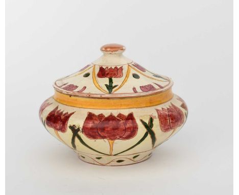 A Della Robbia Pottery pot and cover by EE, shouldered form, incised and painted with a frieze of red tulip flower stems, in 