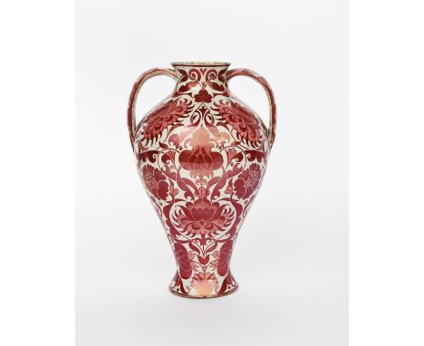 A large William De Morgan twin-handled vase probably painted by Halsey Ricardo, baluster form with applied handles, painted w