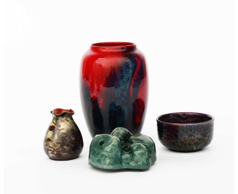 A Royal Doulton Sung vase designed by Charles Noke, shouldered form, covered in a blue, yellow and flambe red veined glaze, a