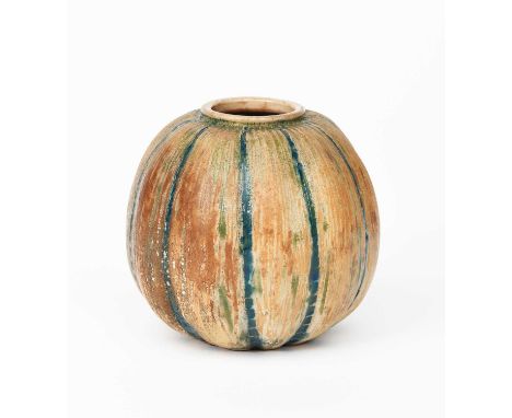 A Martin Brothers stoneware gourd vase by Edwin and Walter Martin, dated 1911, ovoid ribbed form, incised with fine vertical 