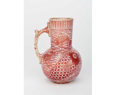 A William De Morgan single-handled vase, ovoid with cylindrical neck, painted with scaly fish in shades of ruby lustre on a w