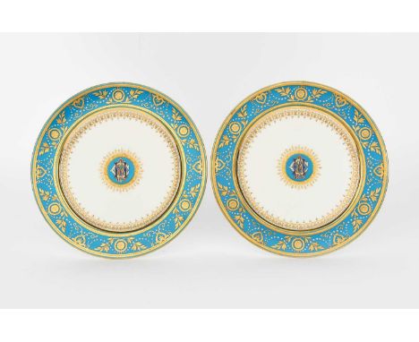 A pair of Mintons Cloisonne plates retailed by Phillips of Bond Street London, dated 1870, each painted with a central Gothic