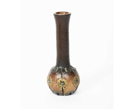 A Martin Brothers stoneware solifleur vase by Robert Wallace Martin, ovoid with cylindrical neck, incised with stylised flowe