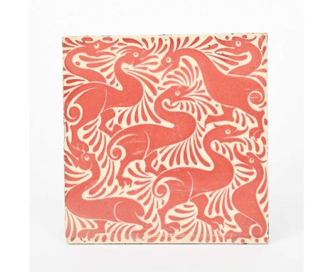 A William De Morgan Fantastic Ducks tile, painted with birds amongst foliage in ruby on a cream ground, two broken Persian ti