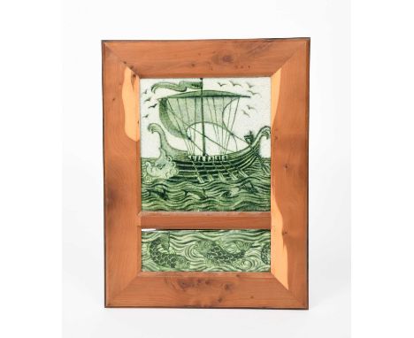 A William De Morgan Sands End Pottery Galleon tile, painted with a ship at sail on calm water with dolphins, in green on a wh
