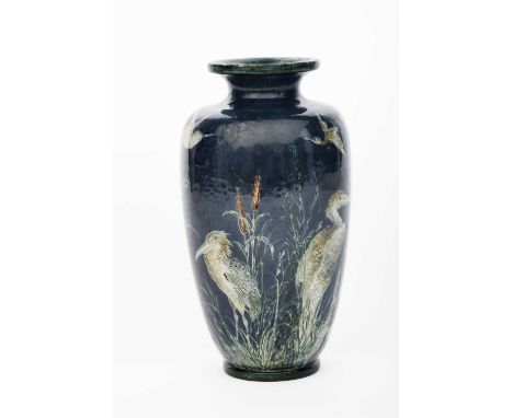 A Martin Brothers stoneware Bird vase by Edwin & Walter Martin, dated 1898, shouldered form, incised and painted with cranes 