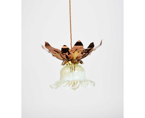 A modern copper and vaseline glass ceiling light by Christopher Vickers, originally designed by W.A.S Benson, floriform coppe