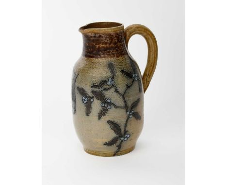 A Martin Brothers stoneware jug by Robert Wallace Martin, dated 1880, shouldered form, incised and painted with sprays of mis
