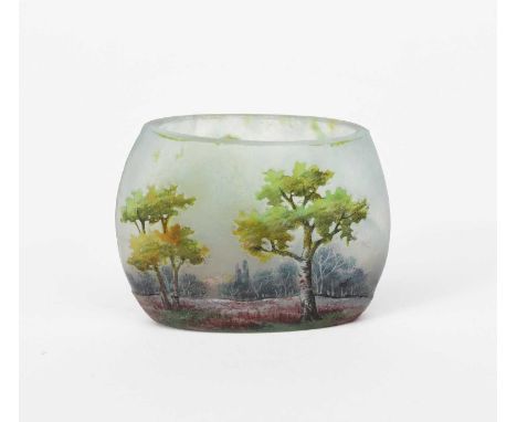 An Art Nouveau Daum Nancy miniature Summer landscape enamelled glass vase, swollen elliptical form, enamelled with trees in a