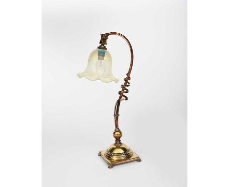 A WAS Benson copper and brass table lamp, model no.1992, the square section base with dome, supporting knopped scrolling stem