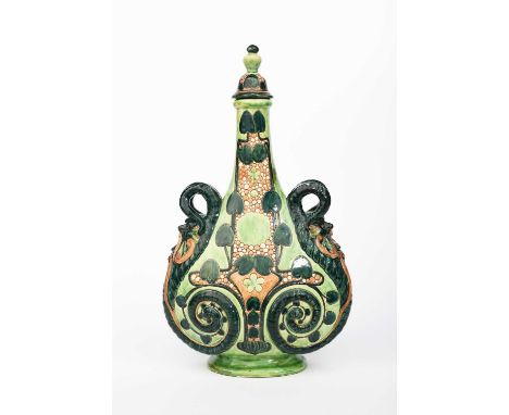 A rare Della Robbia Pottery twin-handled Pilgrim's Flask vase and cover by Ruth Bare, dated 1900, cast with classical mask ha