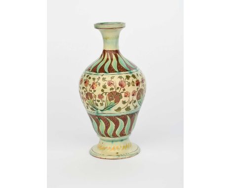 A Della Robbia Pottery vase by Enid Woodhouse and Anne Davis, shouldered form with flaring neck, incised and painted with a f