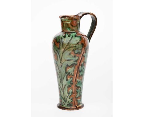 A Della Robbia Pottery Tall Water Vase by Annie Jones and Harry Pearce, shouldered ewer form, painted with tall panels of sty