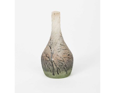 An Art Nouveau Daum Nancy enamelled glass miniature rain vase, ovoid with cylindrical neck, acid-etched and enamelled with tr
