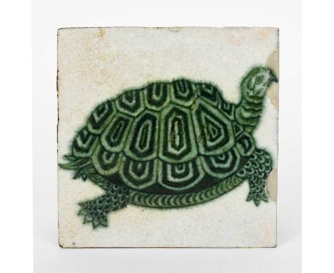A William De Morgan Merton Abbey Tortoise tile, painted in green on a white ground, impressed factory mark, old restoration t