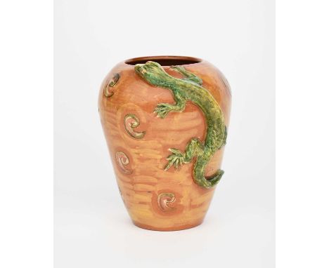 A rare Della Robbia Salamander vase by Harold Rathbone, shouldered form, applied with a lizard to the shoulder, the vase with