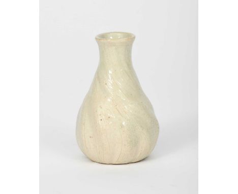 A Martin Brothers stoneware gourd vase by Edwin & Walter Martin, stylised form with fine carved veins, covered in a white gla