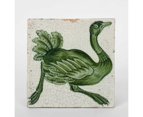A William De Morgan Merton Abbey Ostrich tile, painted in green on a white ground, impressed factory mark minor rim chips, 15