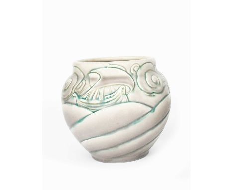 A Pilkington's Royal Lancastrian vase by William Mycock, dated 1934, ovoid, modelled in low relief with a frieze of sailing s