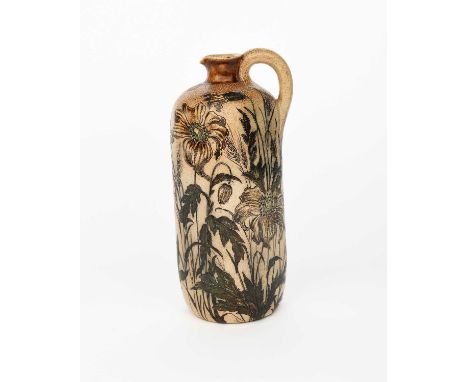 A Martin Brothers stoneware ewer by Edwin and Walter Martin, shouldered, square section, incised and painted with a butterfly
