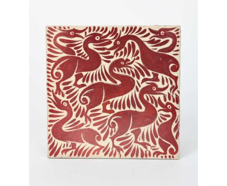 A William De Morgan Fantastic Ducks tile, painted in ruby lustre on a cream ground, impressed L mark, 15.5cm. square Provenan
