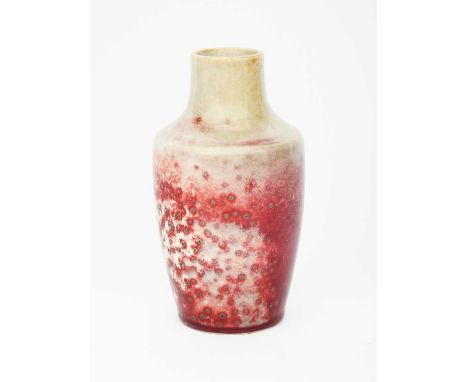 A Ruskin Pottery high-fired stoneware vase by William Howson-Taylor, shouldered form, mottled silver grey with running flambe