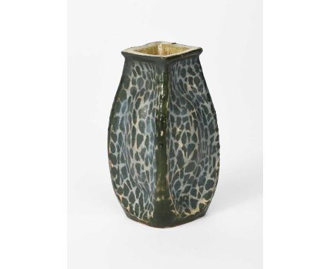 A Martin Brothers stoneware gourd vase by Edwin and Walter Martin, dated 1902, swollen, square section, painted green ribs an