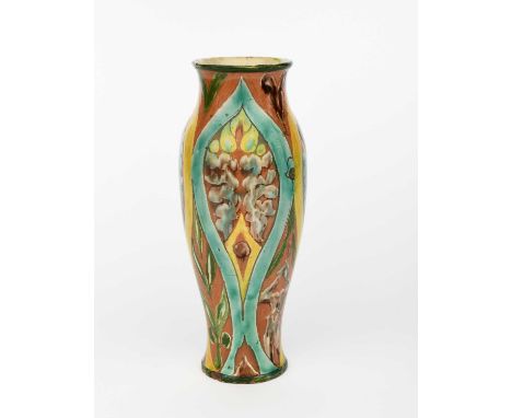 A Della Robbia Pottery vase by Annie Davis and Charles Collis, slender, shouldered form painted with panels of stylised flowe