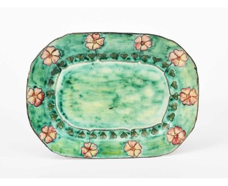 A rare Della Robbia Pottery tray by Gertrude Russell, rounded, rectangular section, painted to the rim with stylised dog rose