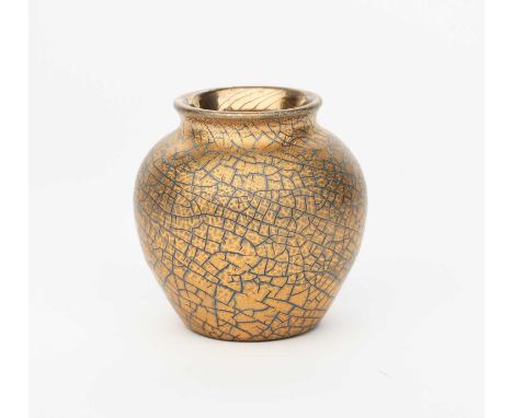 A Sunflower Pottery vase by Sir Edmund Elton, ovoid with collar rim, covered in a crackled gold glaze over blue, painted Elto