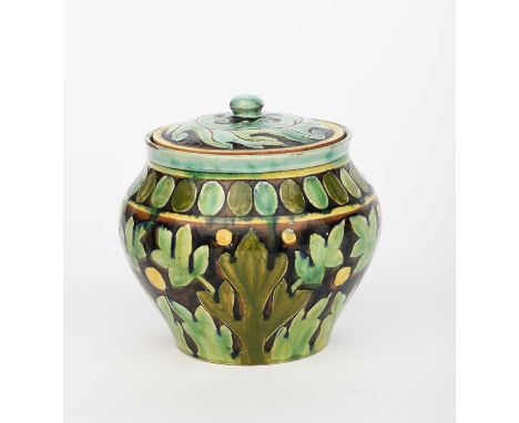 A Della Robbia Pottery pot and cover by Charles Collis and Annie Jones, shouldered form, painted with a broad frieze of folia