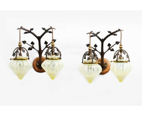 A pair of modern patinated brass twin-branch wall lights by Chris Vickers, after the original design by W.A.S Benson, twin sc