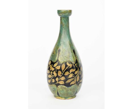An Art Nouveau Della Robbia pottery vase by Lizzie Wilkins, dated 1898, pear shaped with slender solifleur neck and knopped r