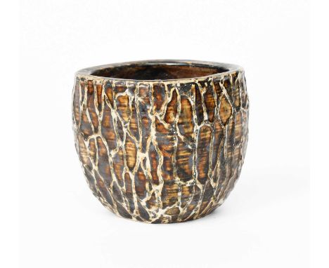 A Martin Brothers stoneware gourd vase by Edwin & Walter Martin, dated 1913, tapering square section, slip decorated with vei