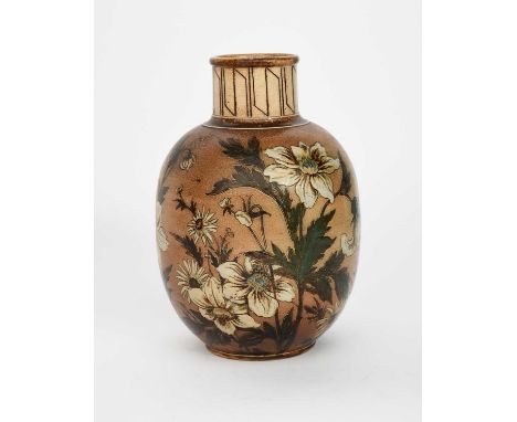 A Martin Brothers stoneware vase by Robert Wallace Martin, dated 1886, shouldered ovoid form, incised and painted with wild f