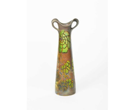 A Zsolnay Pecs vase designed by Tádé Sikorski, shape no.6085, twin-handled, tapering cylindrical vase painted with Art Nouvea